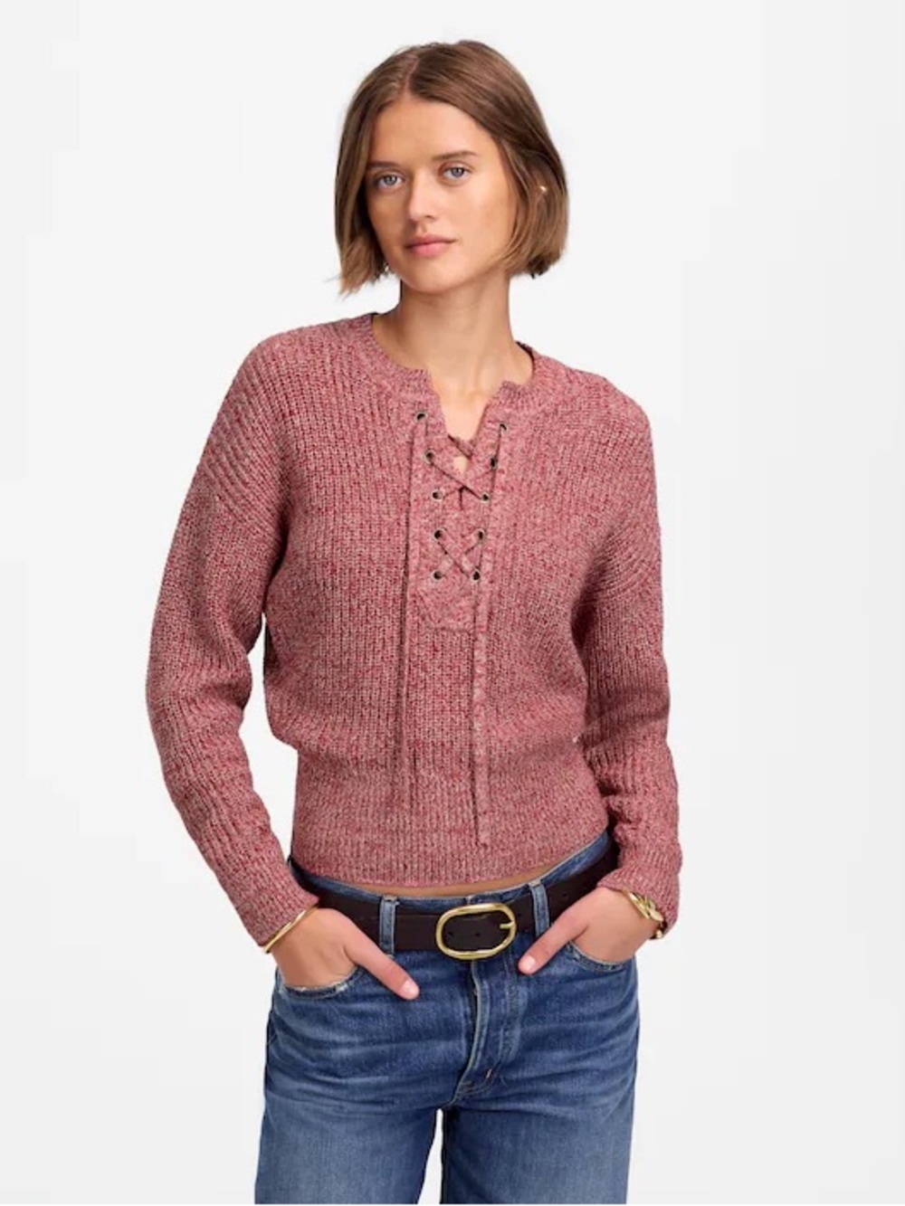 Madewell Marled Ribbed Lace-Up Sweater in Red Marl size Large 💛